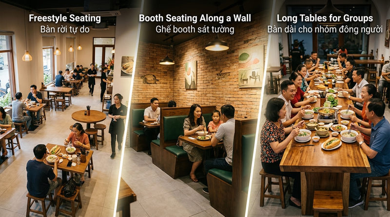 Các sơ đồ bố trí bàn ghế nhà hàng phổ biến hiện nay