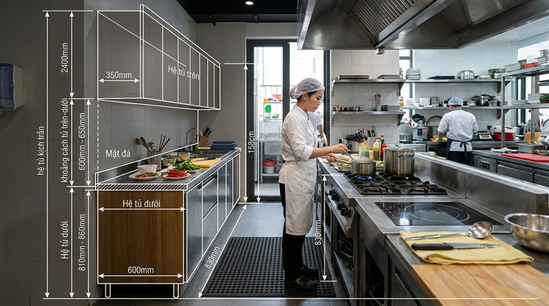 Nguyên tắc thiết kế bếp #3: Tuân thủ kích thước tủ bếp tiêu chuẩn và nhân trắc học