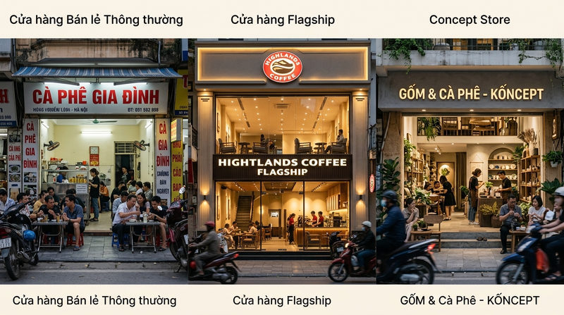 So sánh cửa hàng flagship, cửa hàng bán lẻ thông thường và concept store