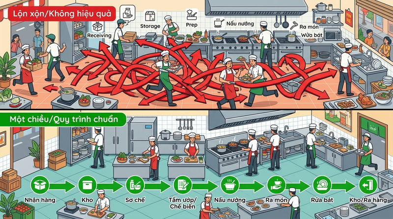 Thiết kế bếp nhà hàng theo nguyên tắc một chiều là gì?