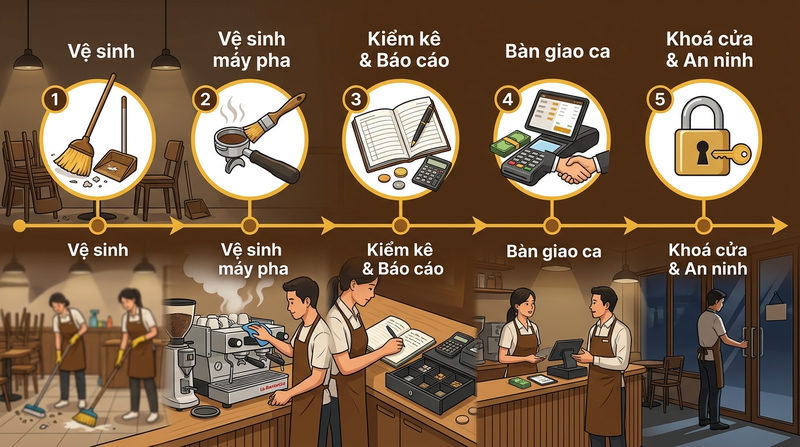 Chi tiết 5 bước trong quy trình đóng ca quán cafe chuẩn