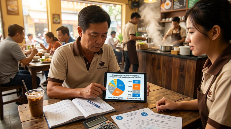 Tỷ lệ đóng BHXH cho người lao động và chủ quán (Cập nhật 2026)