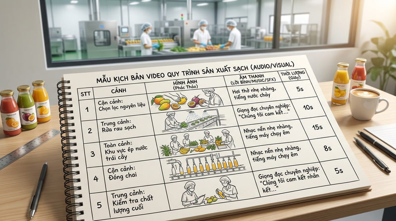 Mẫu kịch bản video quy trình sản xuất sạch chi tiết (Audio/Visual)