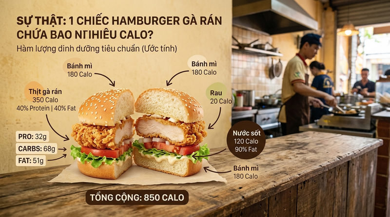 Sự thật: 1 chiếc hamburger gà rán chứa bao nhiêu calo?