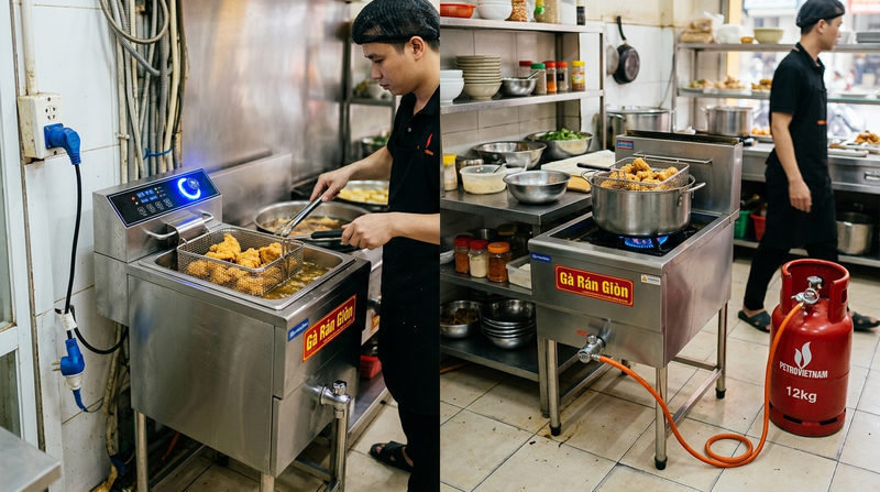 So sánh chi tiết: Nên dùng bếp chiên tách dầu dùng điện hay dùng gas?