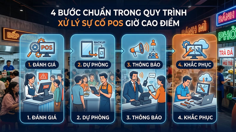 4 bước chuẩn trong quy trình xử lý sự cố POS giờ cao điểm