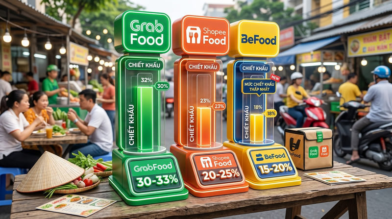 So sánh chiết khấu GrabFood, ShopeeFood và BeFood (Cập nhật 2026)